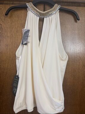 bebe Cream Jeweled Halter Drape Top